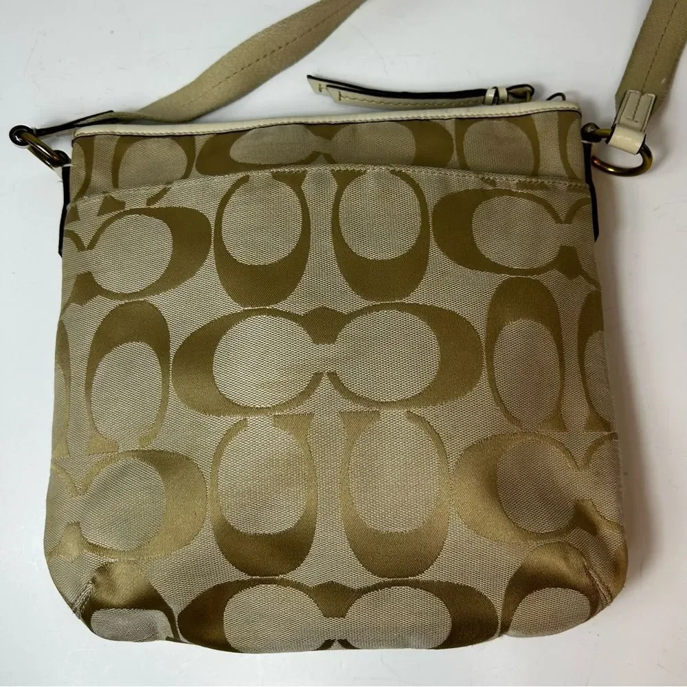 Coach F21905 Cream and Tan Signature Leather Detail Stripe Duffle Crossbody Bag
